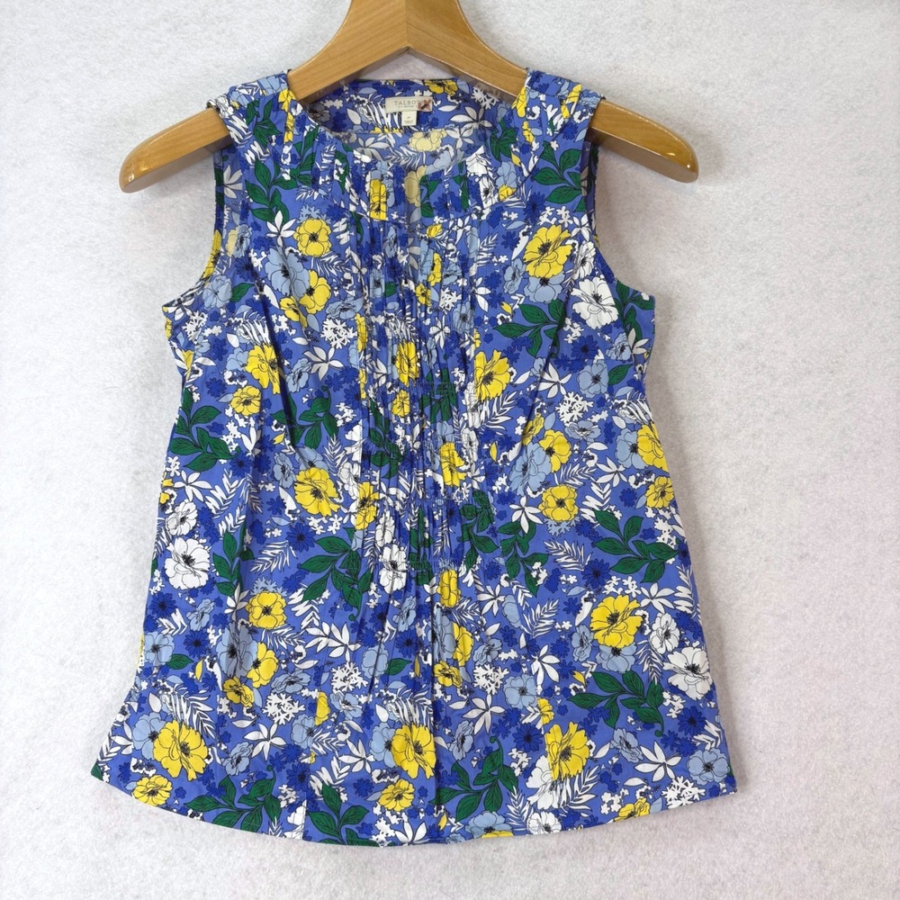 Talbots Floral Pintuck Ruffle Blue Sleeveless Top Women Mp Cottagecore Cotton